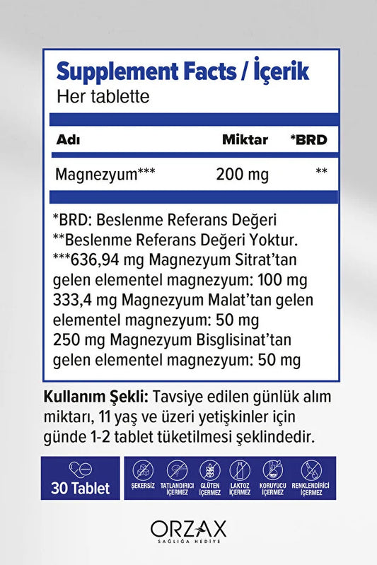 ExtraMag Üçlü Kombinasyon Magnezyum 200 mg - 30 Tablet