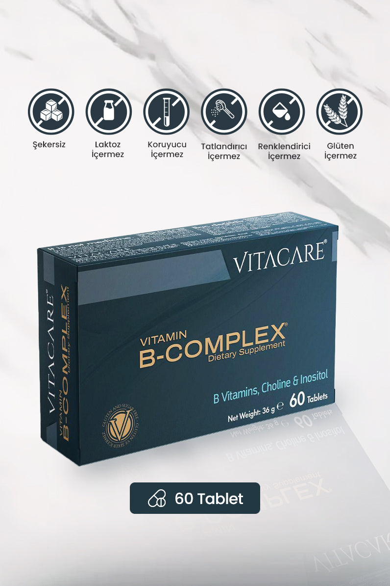 B-COMPLEX Vitamin 60 Tablet - B1, B2, B3, B5, B6, B12, Folik Asit, Biotin, Kolin, İnositol