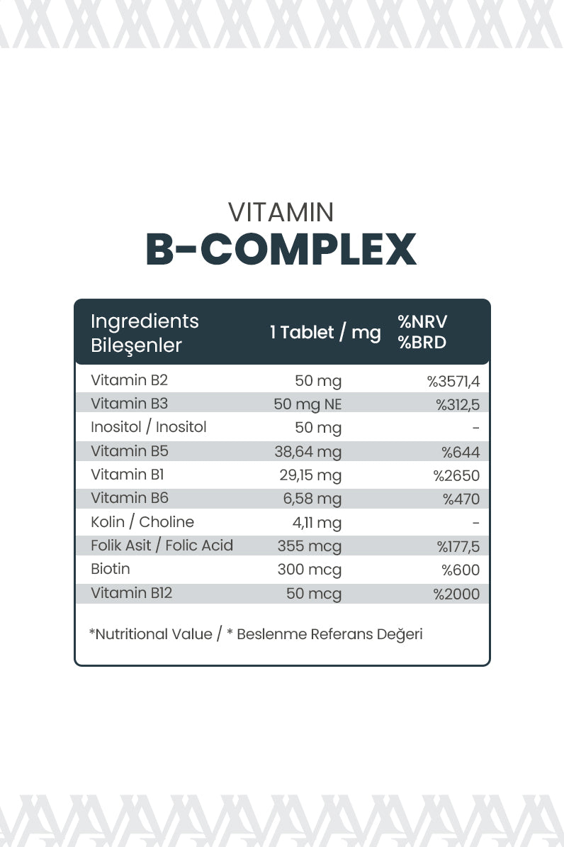 B-COMPLEX Vitamin 60 Tablet - B1, B2, B3, B5, B6, B12, Folik Asit, Biotin, Kolin, İnositol