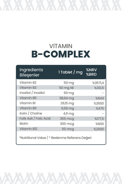 B-COMPLEX Vitamin 60 Tablet - B1, B2, B3, B5, B6, B12, Folik Asit, Biotin, Kolin, İnositol