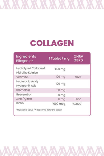 Collagen Tablet Tip1 Tip3 Resveratrol Bromelain Biotin - 60 Tablet | Beslenme Takviyesi
