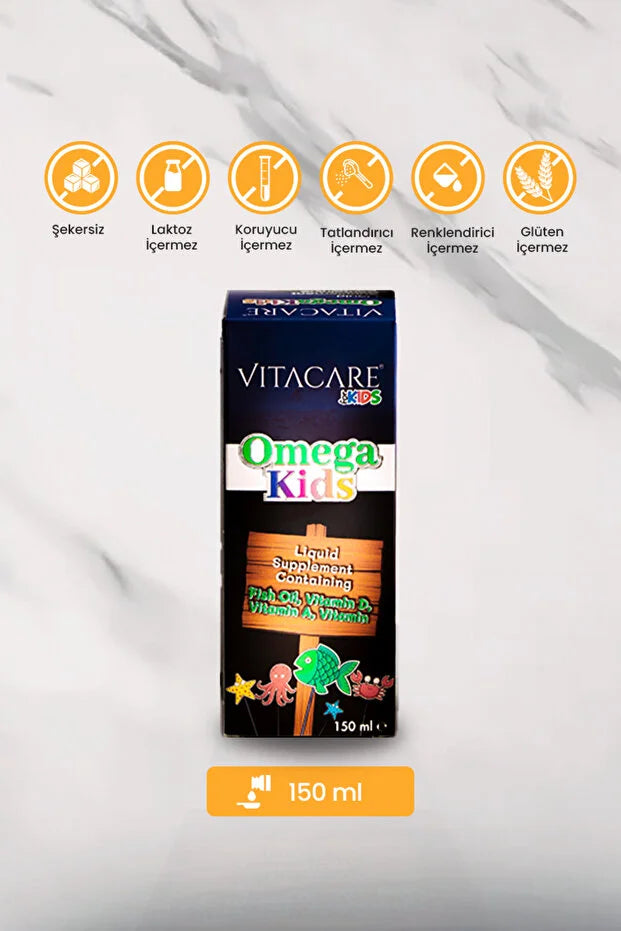 Omega Kids – 150 ml | Çocuklar için Balık Yağı, Vitamin A, D & E Takviye Edici Gıda