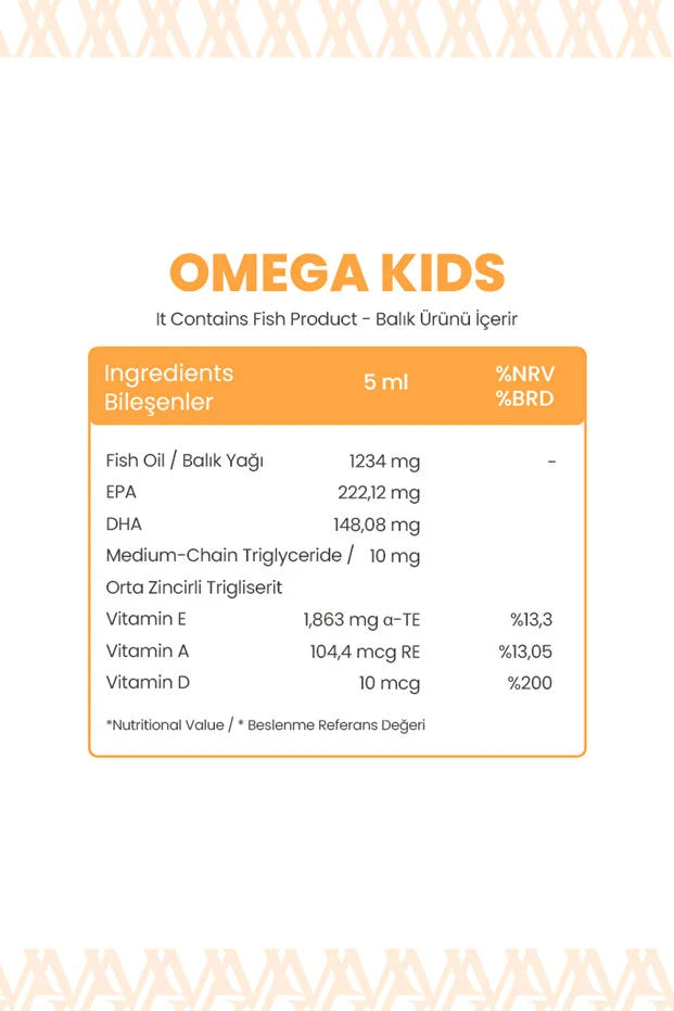 Omega Kids – 150 ml | Çocuklar için Balık Yağı, Vitamin A, D & E Takviye Edici Gıda