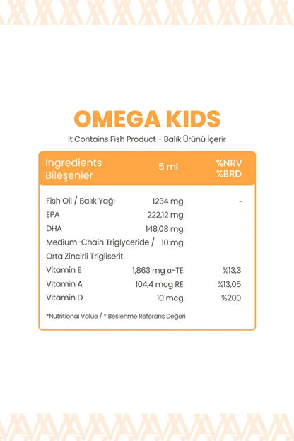 Omega Kids – 150 ml | Çocuklar için Balık Yağı, Vitamin A, D & E Takviye Edici Gıda