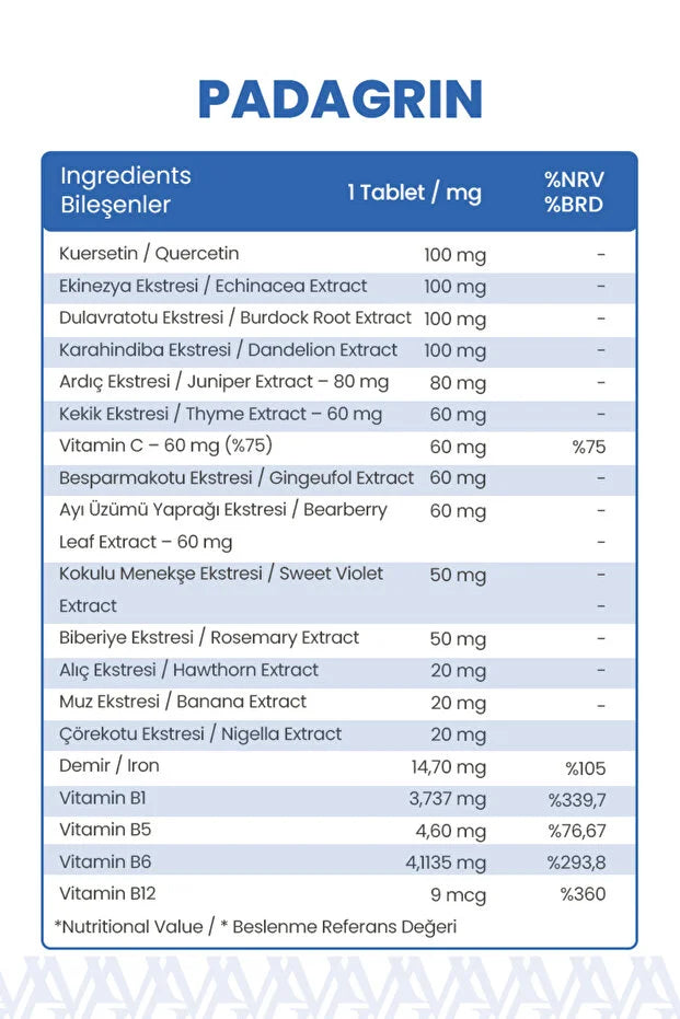 Padagrin Multi-Etkili Bağışıklık, Sindirim ve Antioksidan Desteği (30 Tablet)
