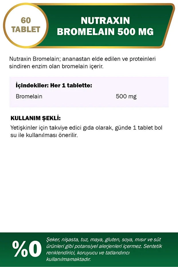 Bromelain 500 Mg Takviye Edici Gıda 60 Tablet